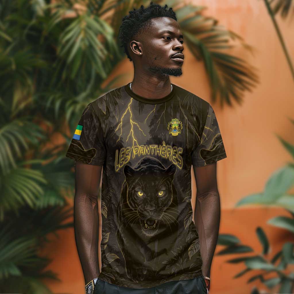 Custom Gabon Football T-Shirt Black Panther Thunder Graphic Tee