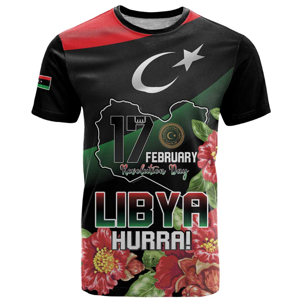 Personalized Libya Revolution Day T-Shirt Libyan Map With Pomegranate Blossom Graphic Tee