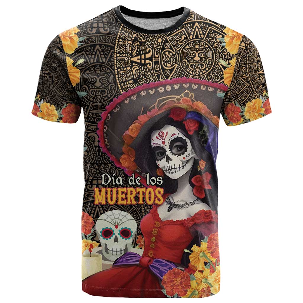 Mexico Day Of The Dead T-Shirt La Catrina Mix Cempasuchil Aztec Pattern Graphic Tee