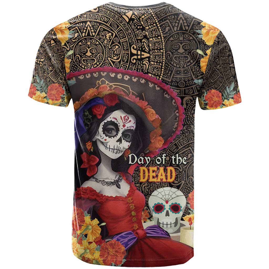 Mexico Day Of The Dead T-Shirt La Catrina Mix Cempasuchil Aztec Pattern Graphic Tee