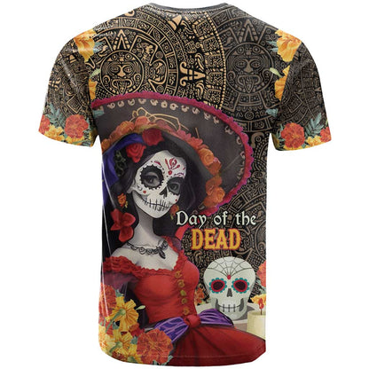 Mexico Day Of The Dead T-Shirt La Catrina Mix Cempasuchil Aztec Pattern Graphic Tee
