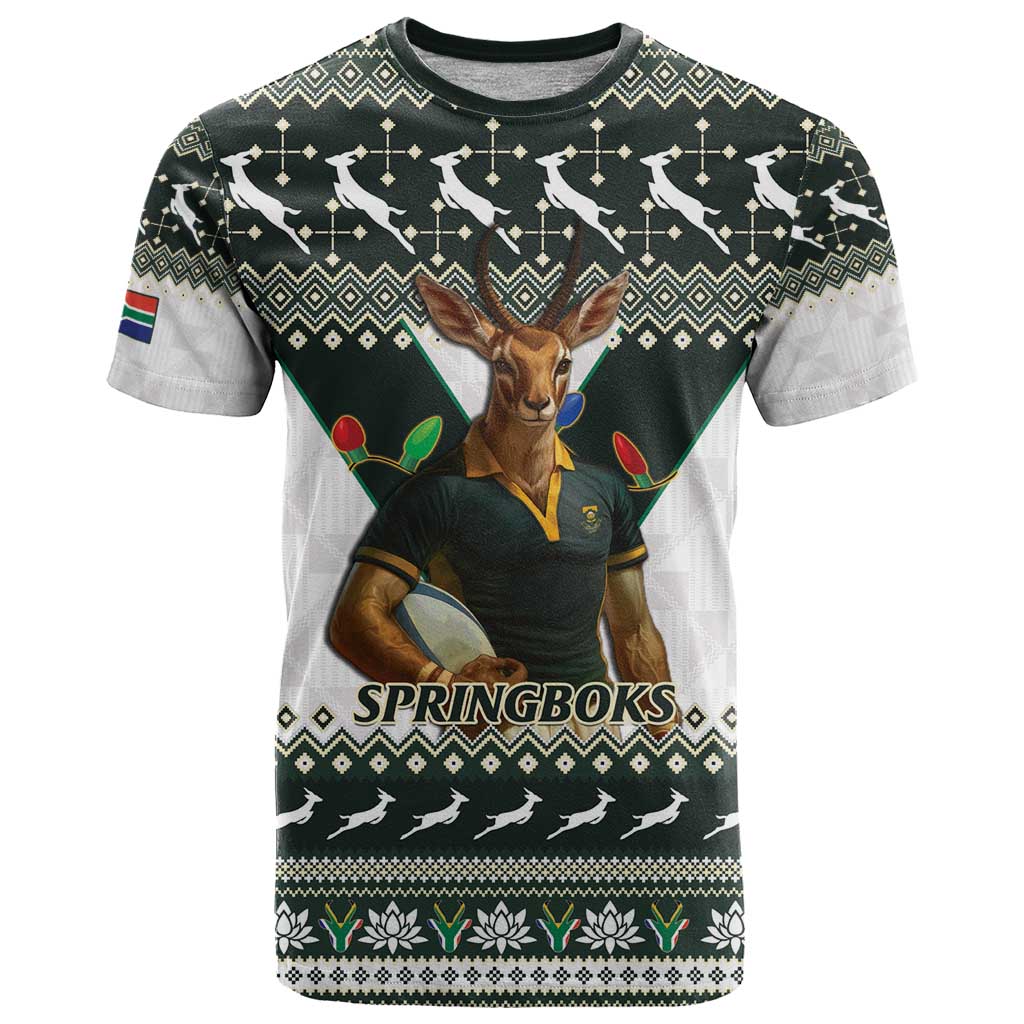 South Africa Christmas Rugby T-Shirt Springboks Mascot Mix African Pattern Graphic Tee