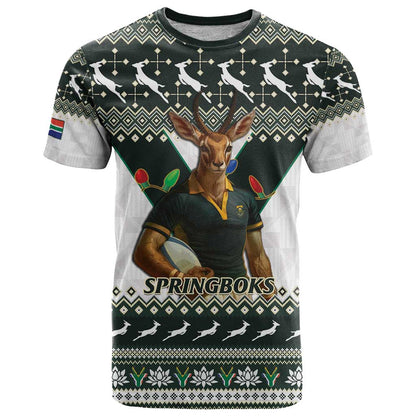 South Africa Christmas Rugby T-Shirt Springboks Mascot Mix African Pattern Graphic Tee