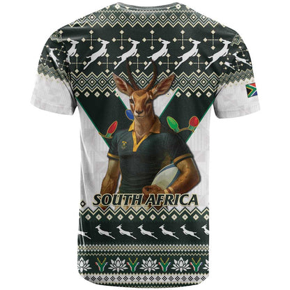 South Africa Christmas Rugby T-Shirt Springboks Mascot Mix African Pattern Graphic Tee