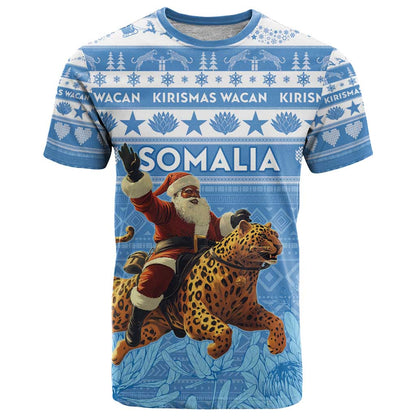 Personalised Somalia Christmas T-Shirt Black Santa Riding Leopard Kirismas Wacan Graphic Tee