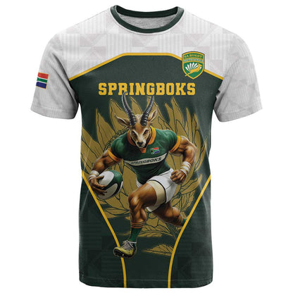 South Africa Rugby Personalised T-Shirt Springboks Mascot With King Protea - African Pattern Graphic Tee