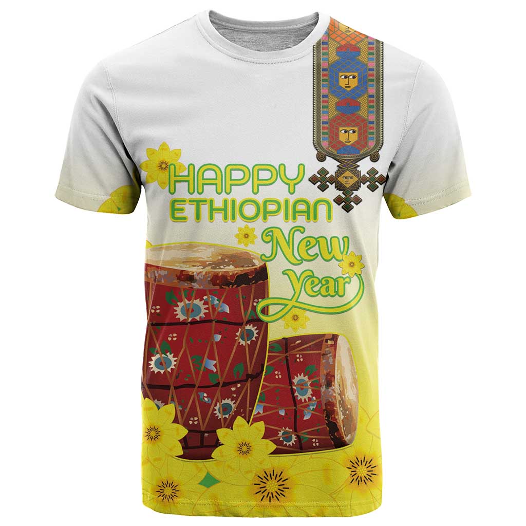 Ethiopian Enkutatash T-Shirt Kebero Drum With Adey Abeba Flower Graphic Tee