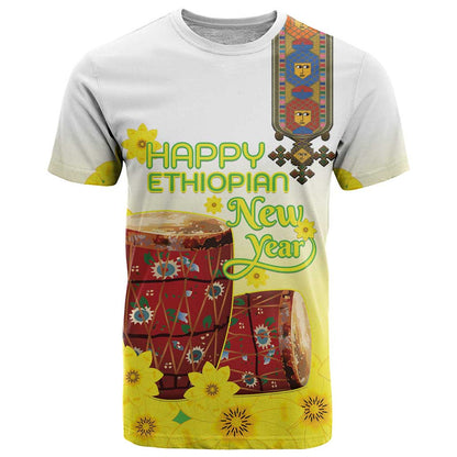 Ethiopian Enkutatash T-Shirt Kebero Drum With Adey Abeba Flower Graphic Tee