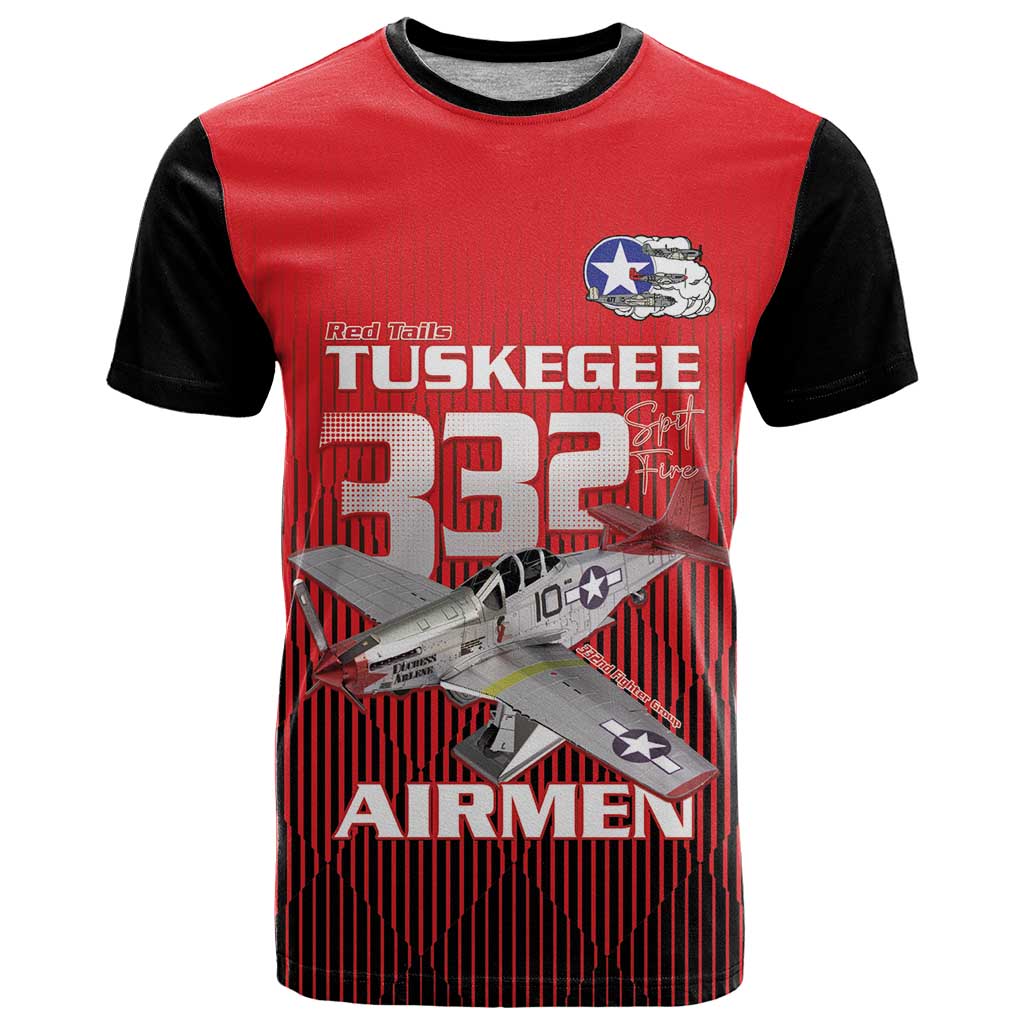 Tuskegee Red Tails Airmen T-Shirt P-51 Mustang 332nd Fighter Group - Black Red Graphic Tee