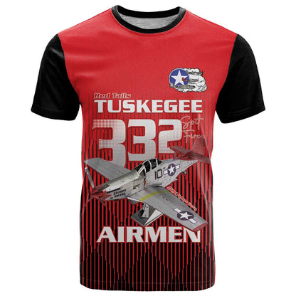 Tuskegee Red Tails Airmen T-Shirt P-51 Mustang 332nd Fighter Group - Black Red Graphic Tee
