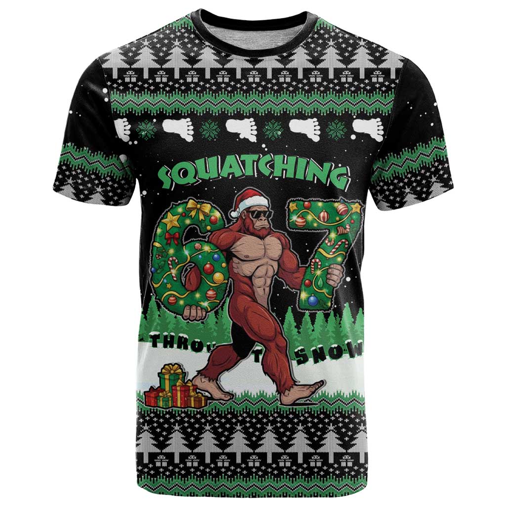 Funny Bigfoot 67 Six Seven Christmas T-Shirt Squatching Through The Snow Graphic Tee