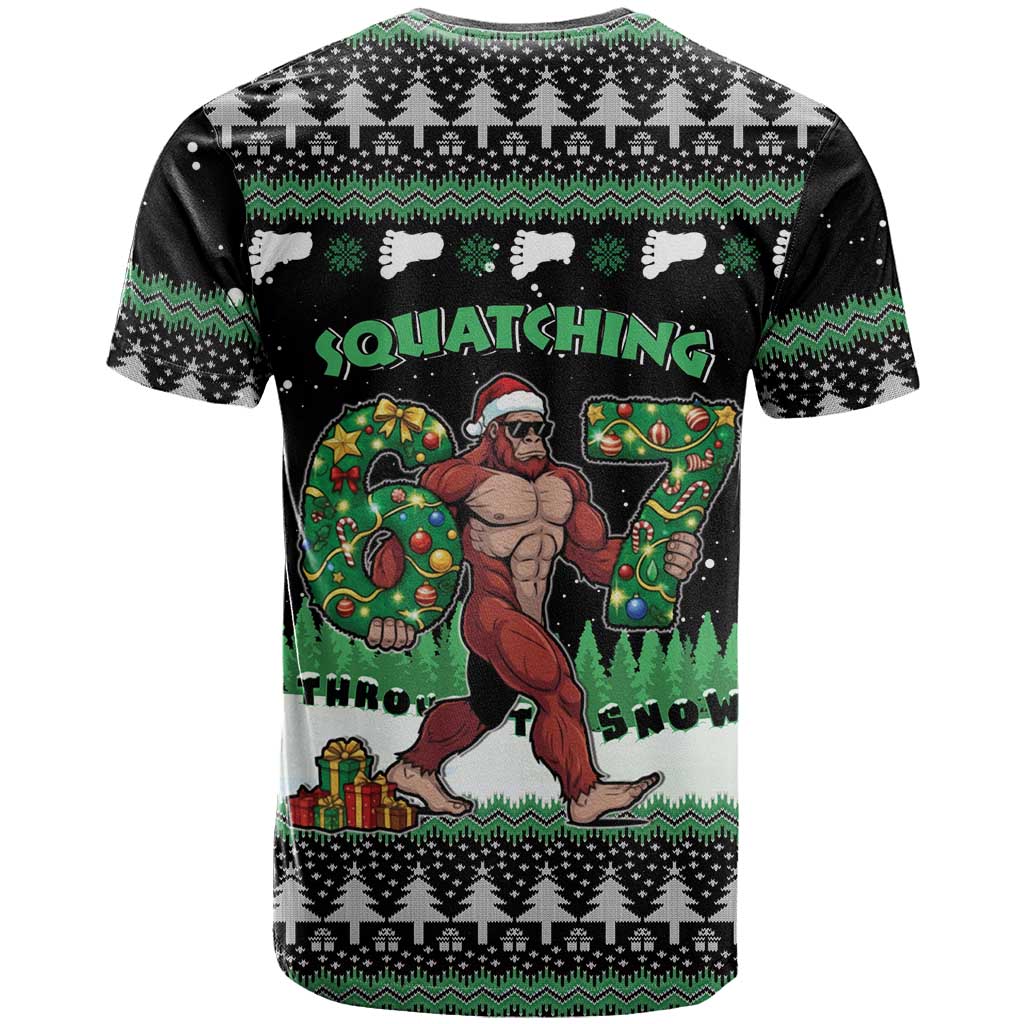 Funny Bigfoot 67 Six Seven Christmas T-Shirt Squatching Through The Snow Graphic Tee