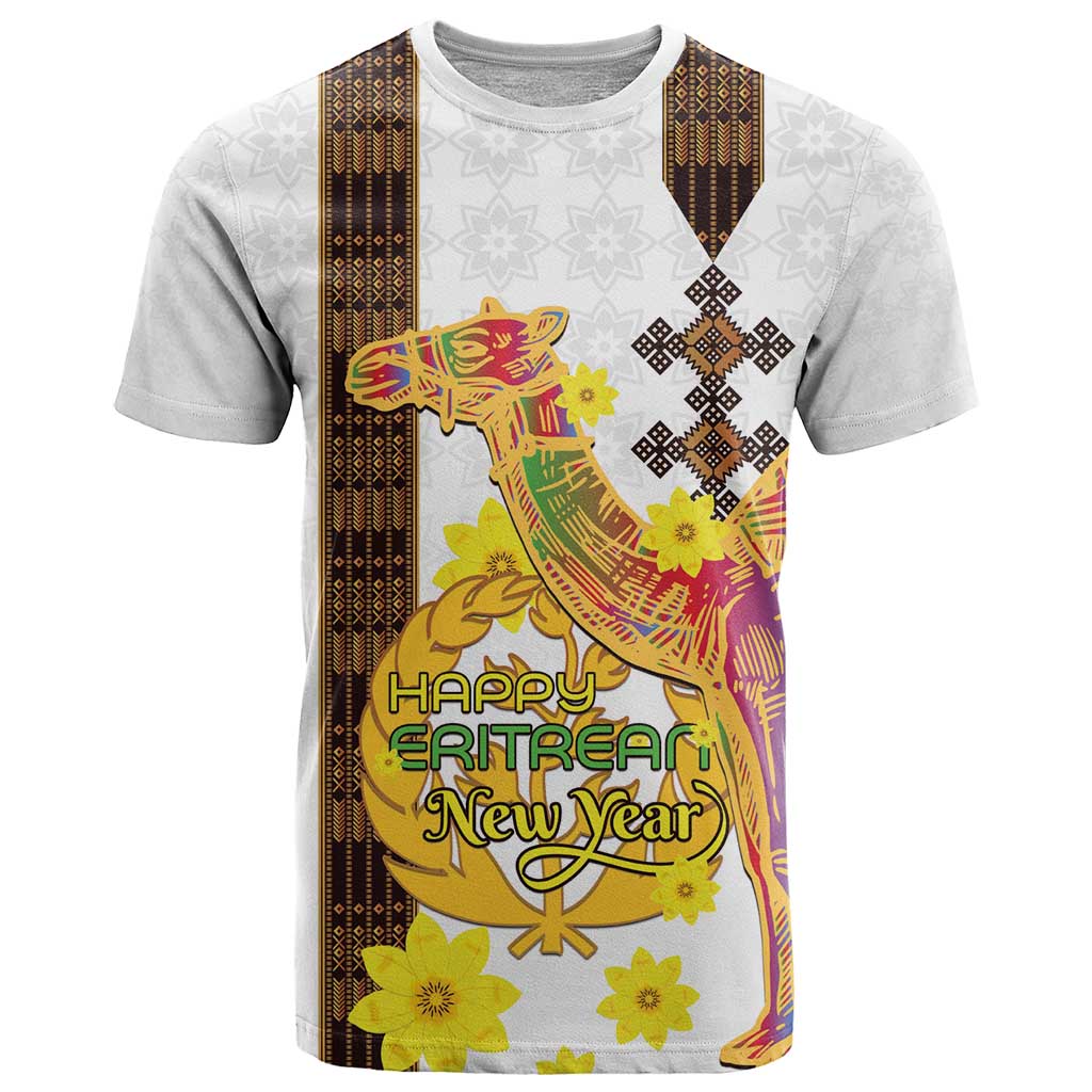 Happy Eritrea New Year T-Shirt Adey Abeba Flower With Habesha Tilet Pattern Graphic Tee