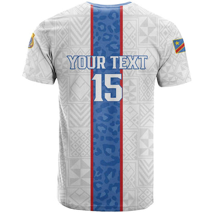 Custom DR Congo Football T-Shirt Leopards Mix Kuba Raffia Pattern Graphic Tee