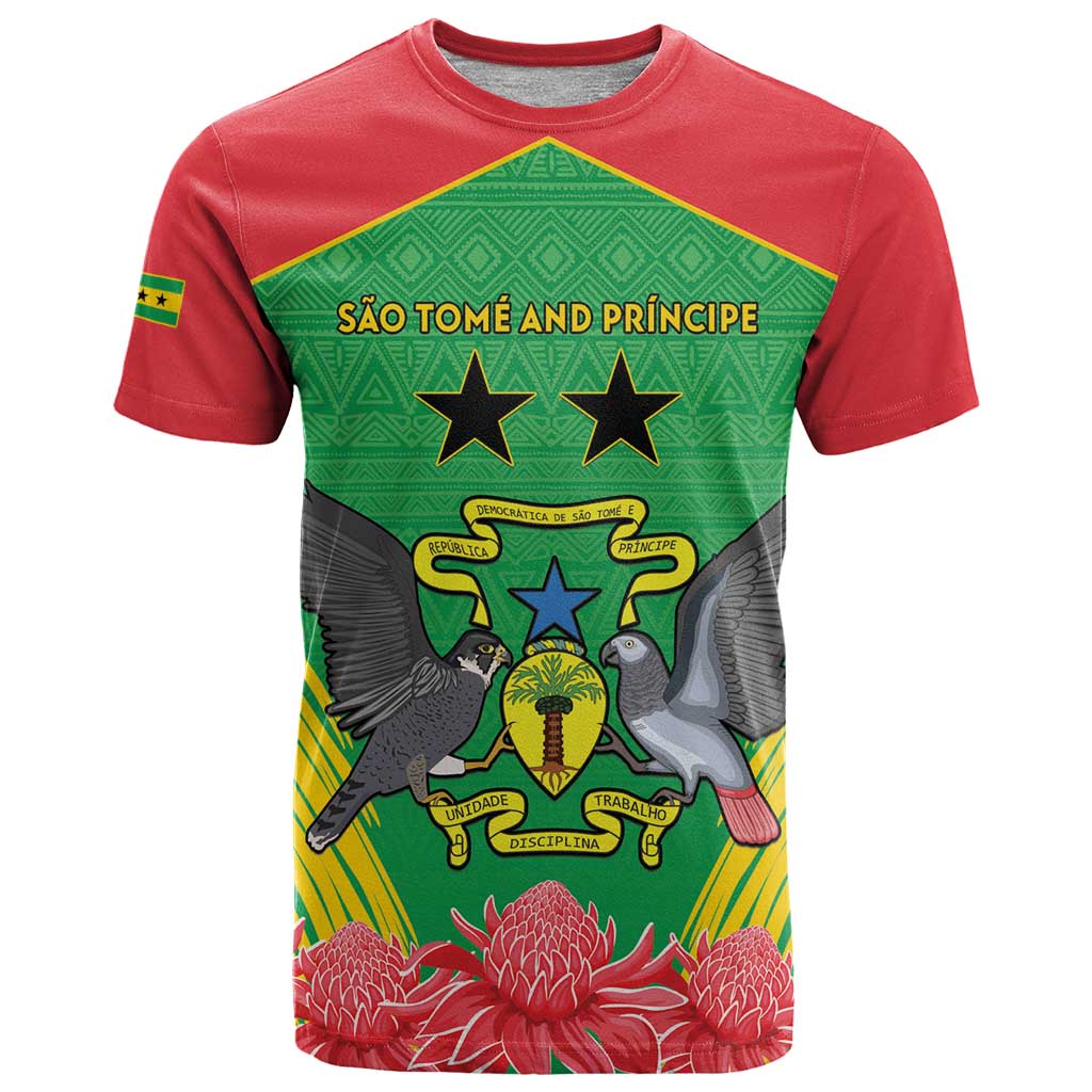 Personalised Sao Tome and Principe T-Shirt Coat Of Arms With Porcelana Rose Graphic Tee