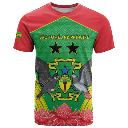 Personalised Sao Tome and Principe T-Shirt Coat Of Arms With Porcelana Rose Graphic Tee