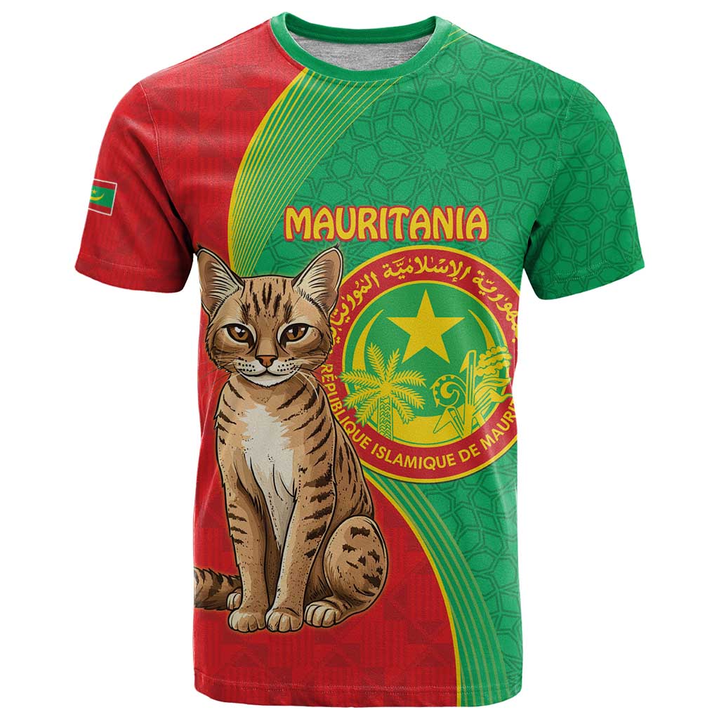 Personalised Mauritania T-Shirt African Wild Cat With Coat Of Arms Graphic Tee