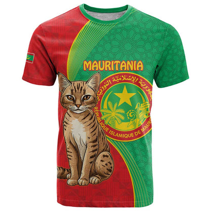 Personalised Mauritania T-Shirt African Wild Cat With Coat Of Arms Graphic Tee