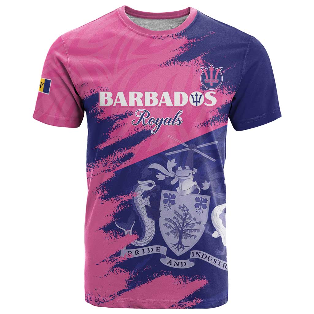 Custom Barbados Royals Cricket T-Shirt Coat Of Arms Pink - Blue Color Graphic Tee