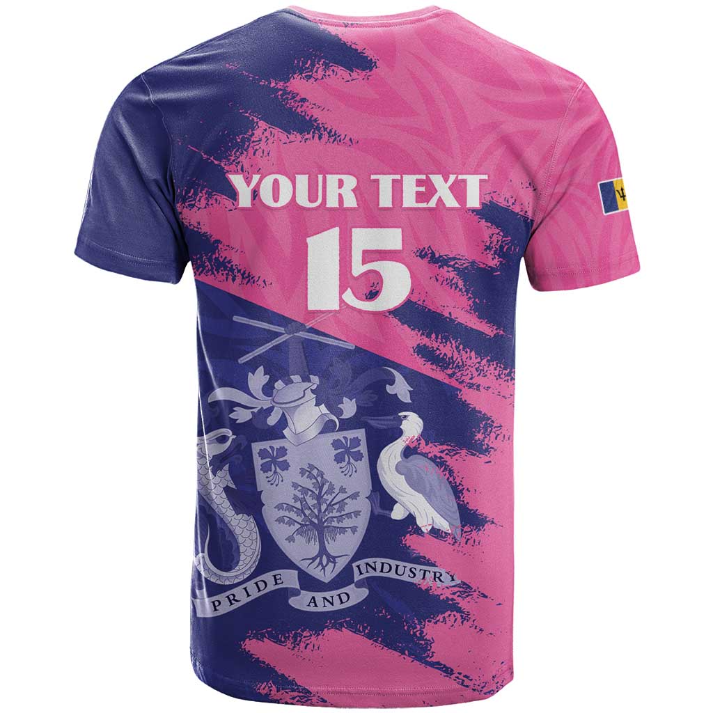 Custom Barbados Royals Cricket T-Shirt Coat Of Arms Pink - Blue Color Graphic Tee