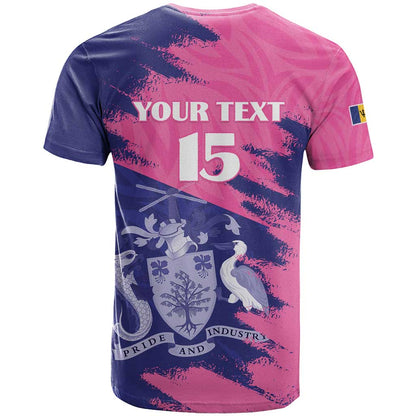 Custom Barbados Royals Cricket T-Shirt Coat Of Arms Pink - Blue Color Graphic Tee