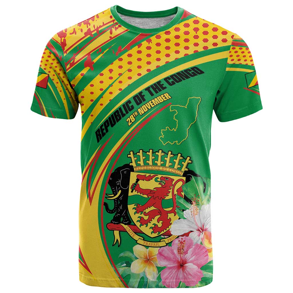 Personalized Congo Republic Day T-Shirt Coat Of Arms With Tropical Flower Graphic Tee