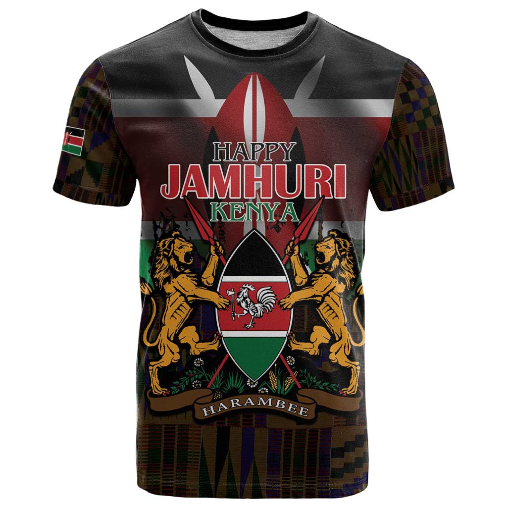 Happy Kenya Independence Day T-Shirt Coat Of Arms With Kente Pattern Graphic Tee