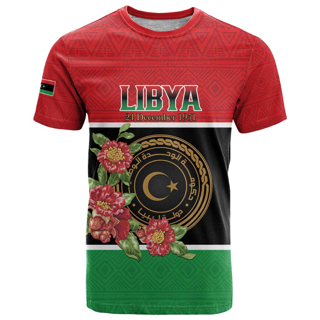 Personalized Libya Independence Day T-Shirt Pomegranate Blossom With Libyan Seal Graphic Tee