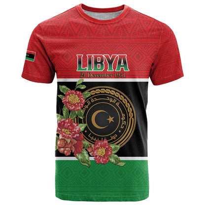 Personalized Libya Independence Day T-Shirt Pomegranate Blossom With Libyan Seal Graphic Tee