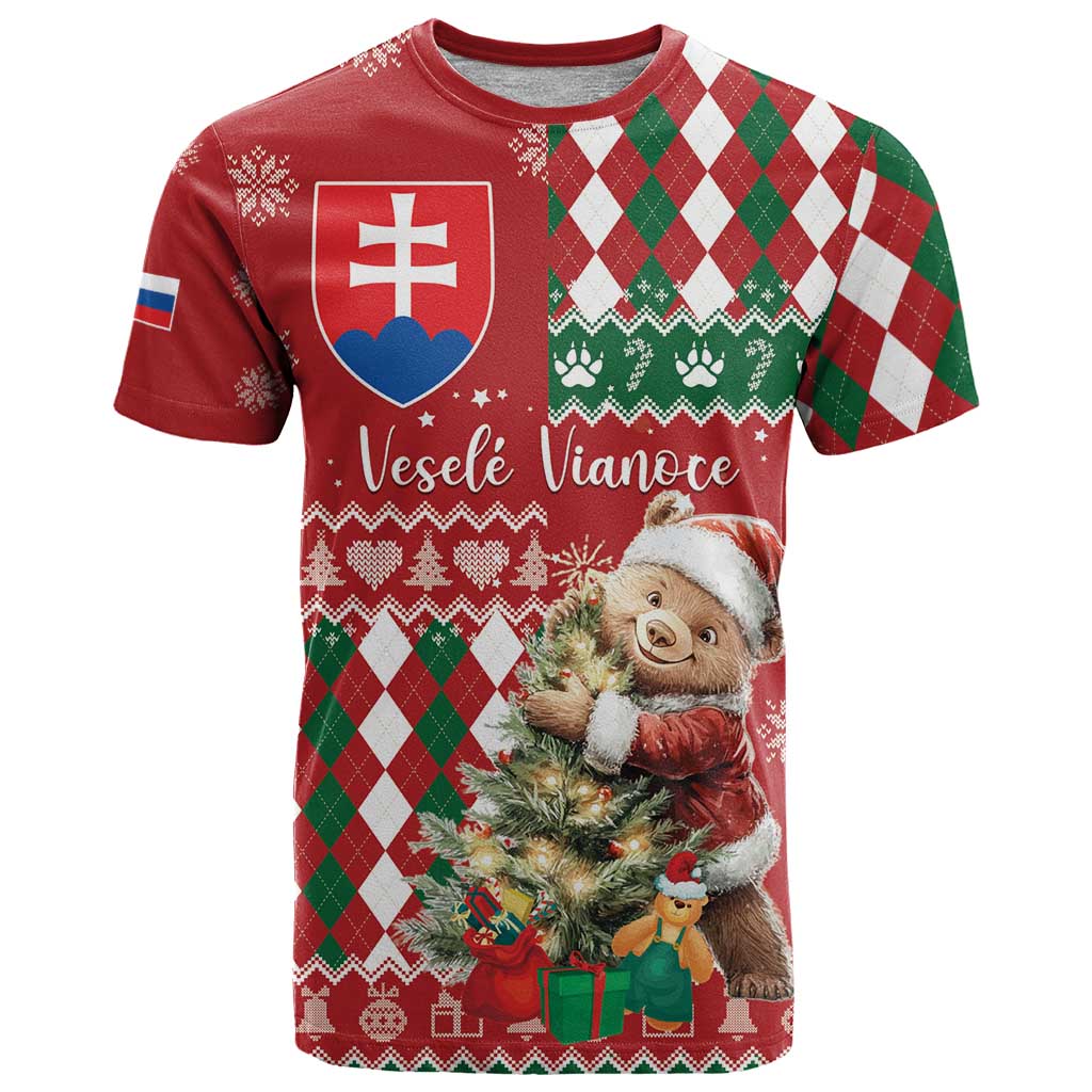 Personalised Slovakia Christmas T-Shirt Brown Bear Mix Argyle Pattern Graphic Tee