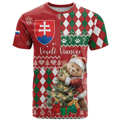Personalised Slovakia Christmas T-Shirt Brown Bear Mix Argyle Pattern Graphic Tee