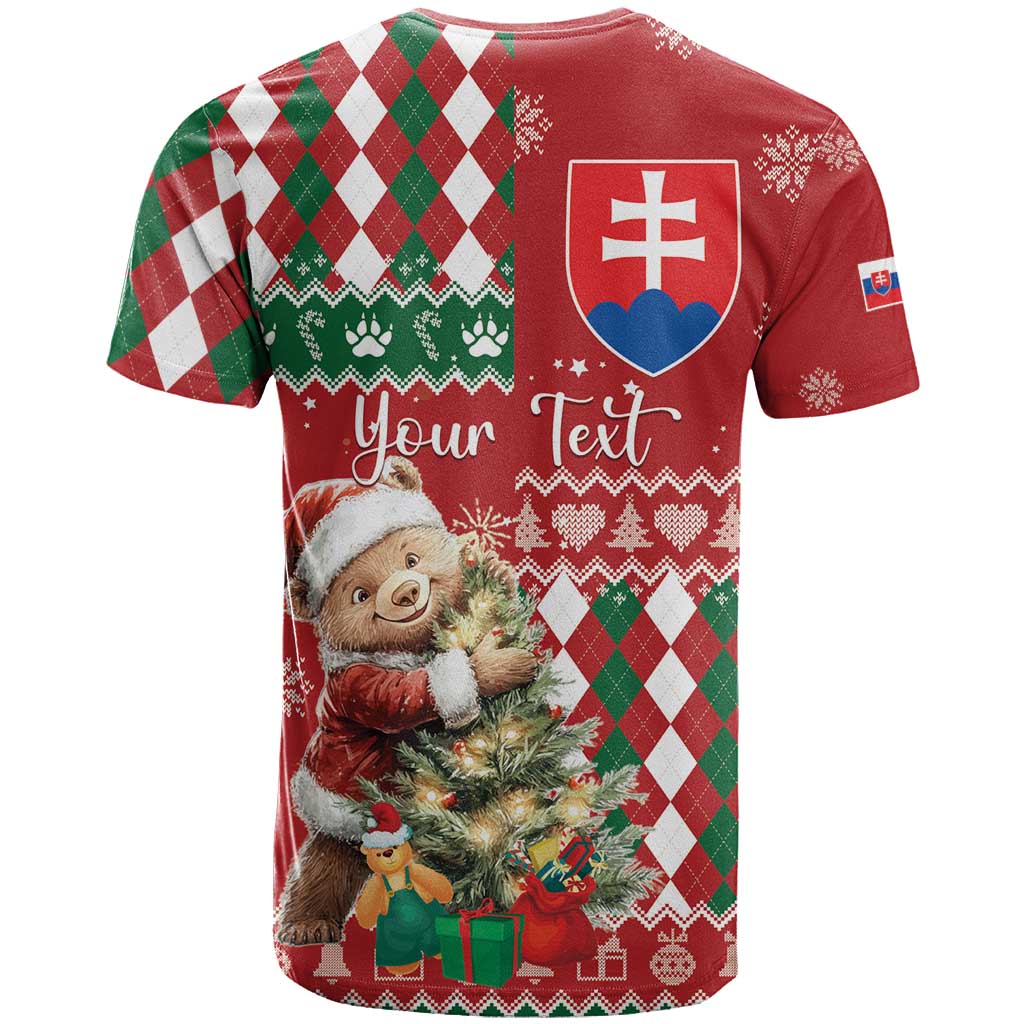 Personalised Slovakia Christmas T-Shirt Brown Bear Mix Argyle Pattern Graphic Tee
