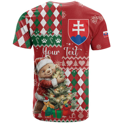 Personalised Slovakia Christmas T-Shirt Brown Bear Mix Argyle Pattern Graphic Tee