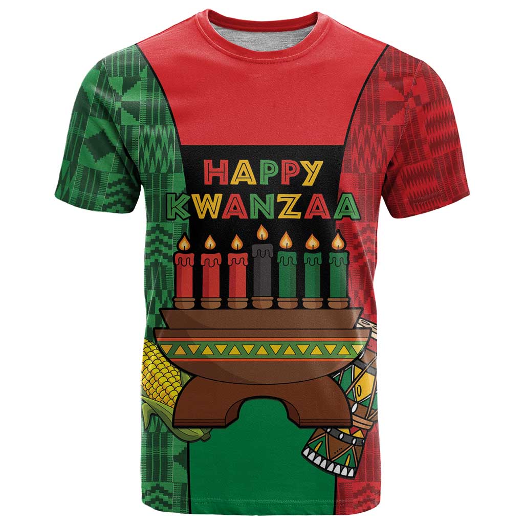 Personalized Happy Kwanzaa T-Shirt Kinara With Kente Pattern Graphic Tee