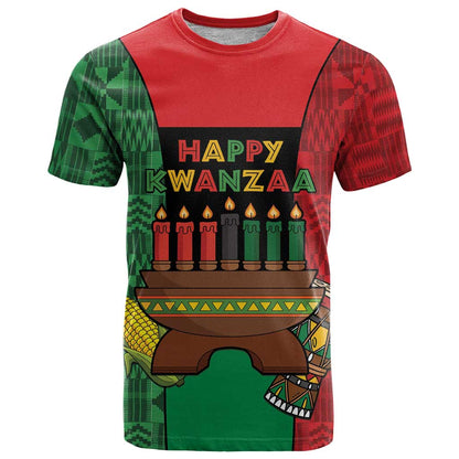 Personalized Happy Kwanzaa T-Shirt Kinara With Kente Pattern Graphic Tee