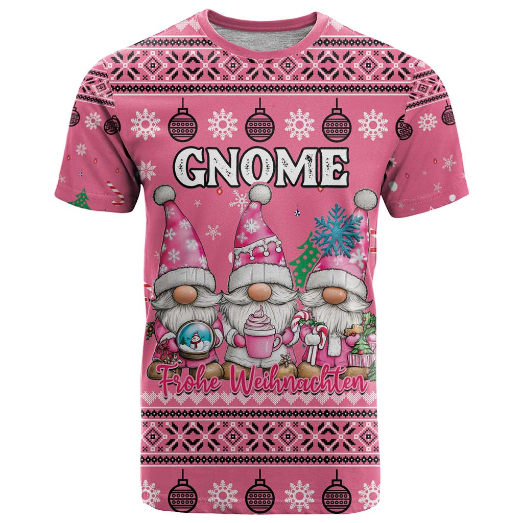Personalised Germany Christmas T-Shirt Cute Pink Gnome Frohe Weihnachten Graphic Tee