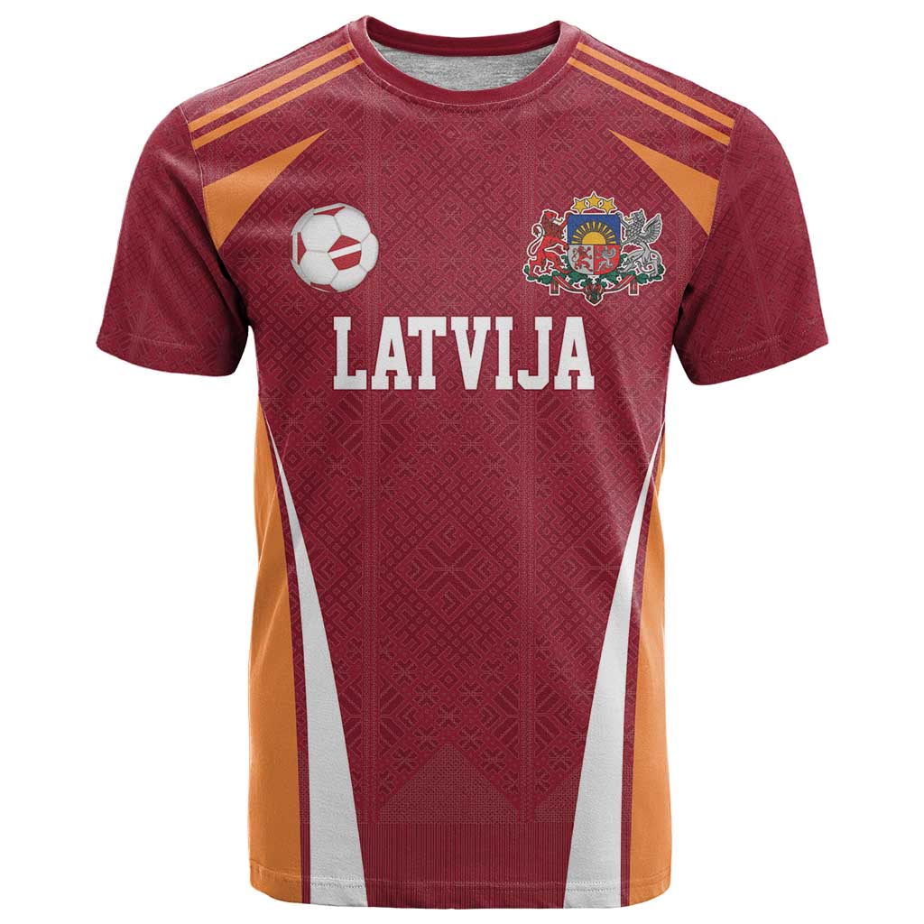 Latvia Football Custom T-Shirt Red Latvian Pattern Graphic Tee