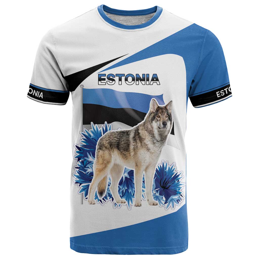 Estonia Grey Wolf and Cornflower T-Shirt Estonia Flag Graphic Tee