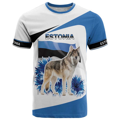 Estonia Grey Wolf and Cornflower T-Shirt Estonia Flag Graphic Tee