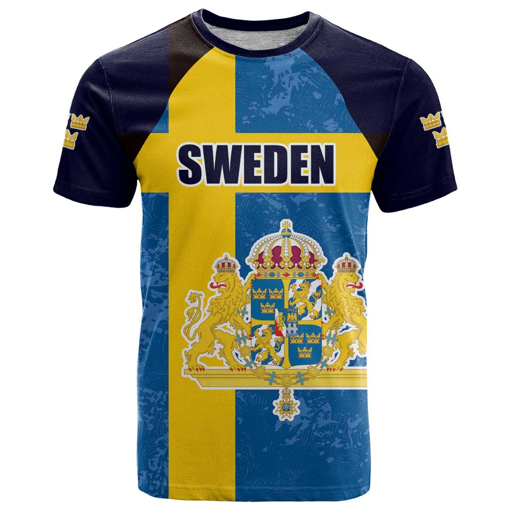 Custom Sweden Flag and Coat of arms T-Shirt Three Crowns of Sweden Graphic Tee