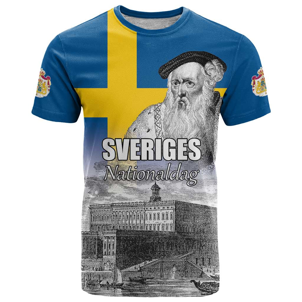 Sweden Sveriges Nationaldag T-Shirt King Gustav Vasa with Stockholm Slott Graphic Tee