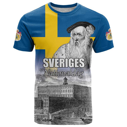Sweden Sveriges Nationaldag T-Shirt King Gustav Vasa with Stockholm Slott Graphic Tee