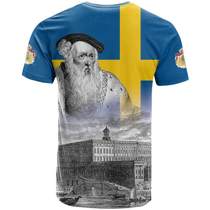 Sweden Sveriges Nationaldag T-Shirt King Gustav Vasa with Stockholm Slott Graphic Tee