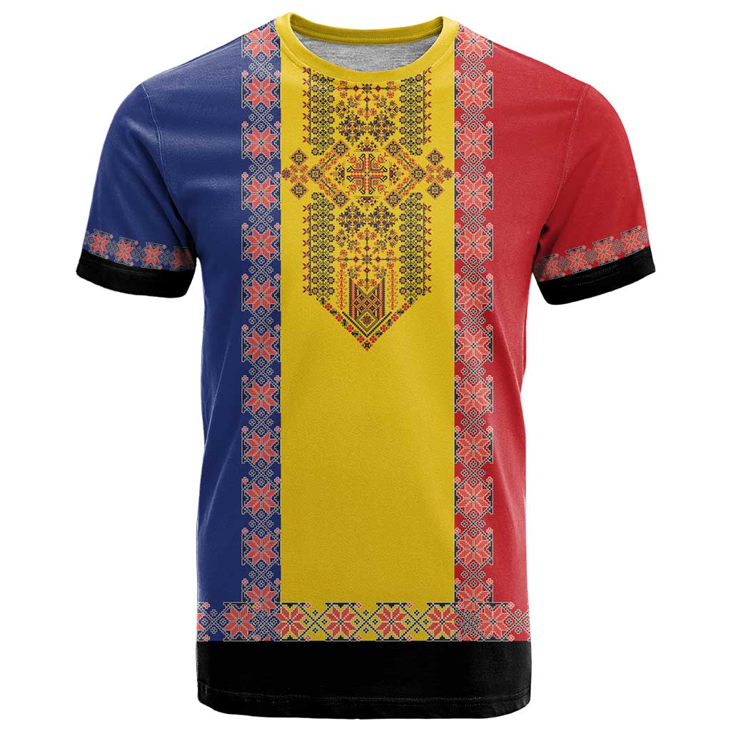 Romania National Flag Day 26th June T-Shirt Red Traditional Embroidery Patterns Graphic Tee