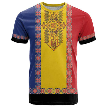 Romania National Flag Day 26th June T-Shirt Red Traditional Embroidery Patterns Graphic Tee