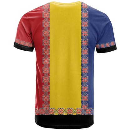 Romania National Flag Day 26th June T-Shirt Red Traditional Embroidery Patterns Graphic Tee