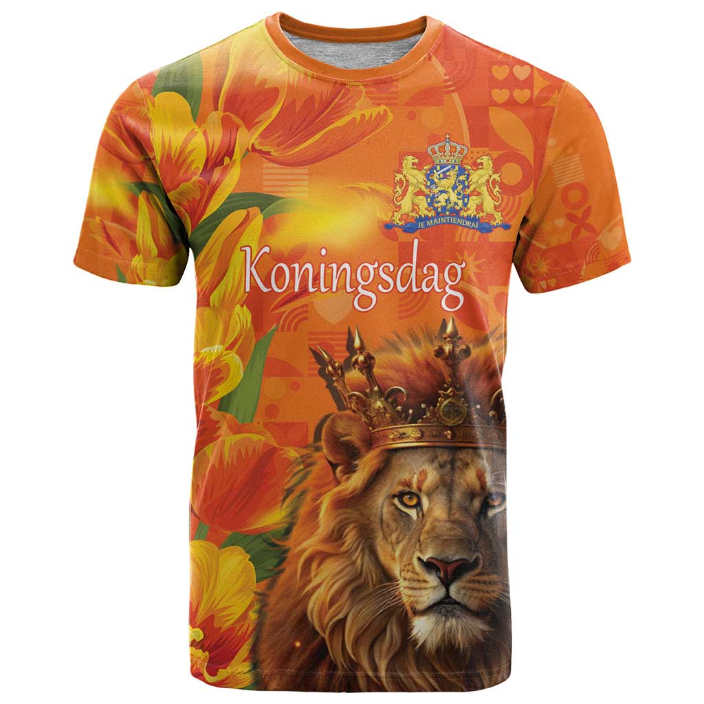 Personalized Netherlands Koningsdag T-Shirt 27th April Lion with Orange Tulip Graphic Tee