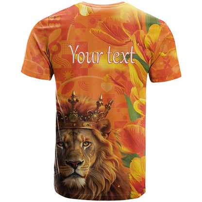 Personalized Netherlands Koningsdag T-Shirt 27th April Lion with Orange Tulip Graphic Tee