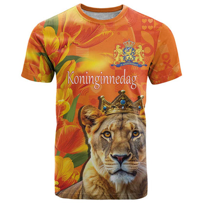 Personalized Netherlands Koninginnedag T-Shirt 30th April Lioness with Orange Tulip Graphic Tee