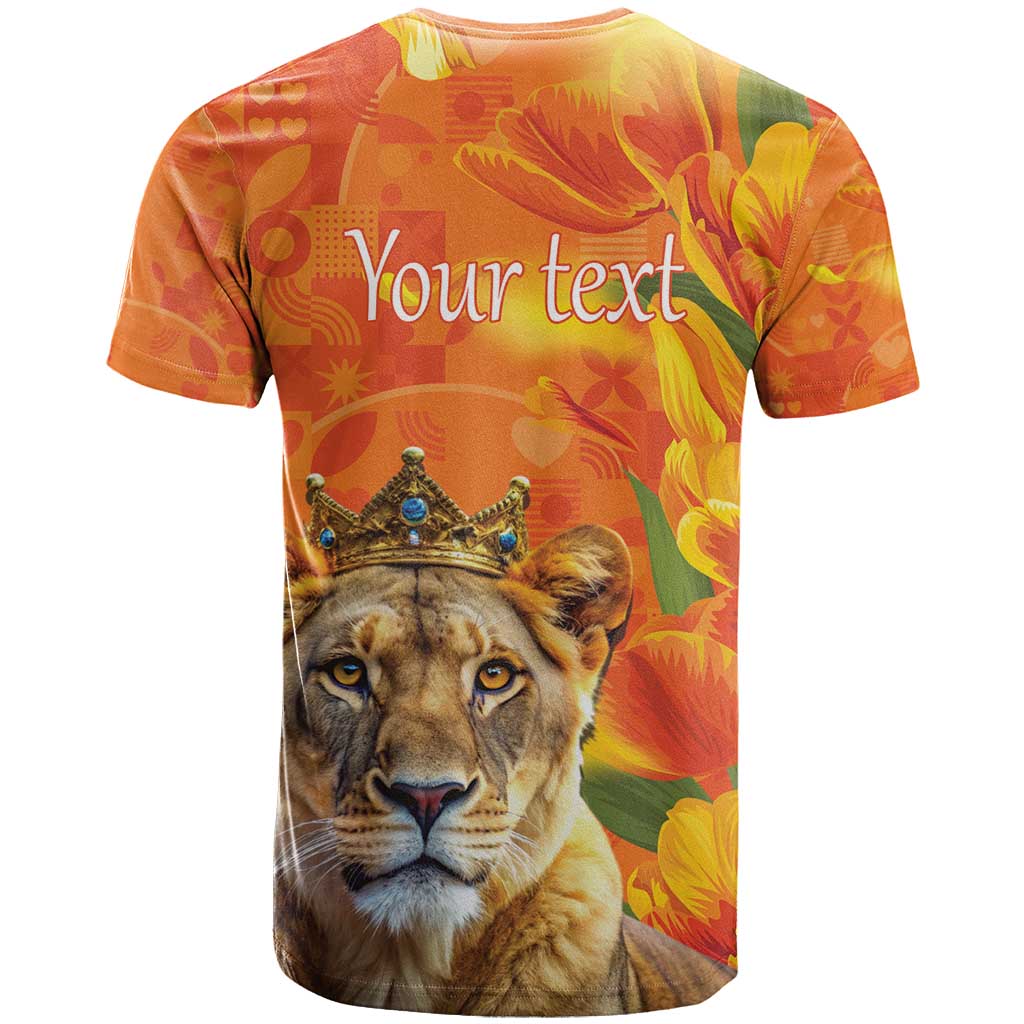 Personalized Netherlands Koninginnedag T-Shirt 30th April Lioness with Orange Tulip Graphic Tee